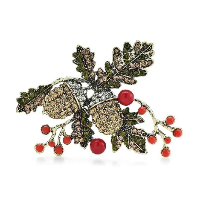 Large Christmas Acorn and Oak Rhinestone Brooch - Click Image to Close